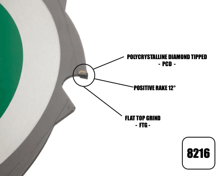 216mm x 30mm x 2.4mm 8 Tooth PCD Cement Fibre Board Blade 8216