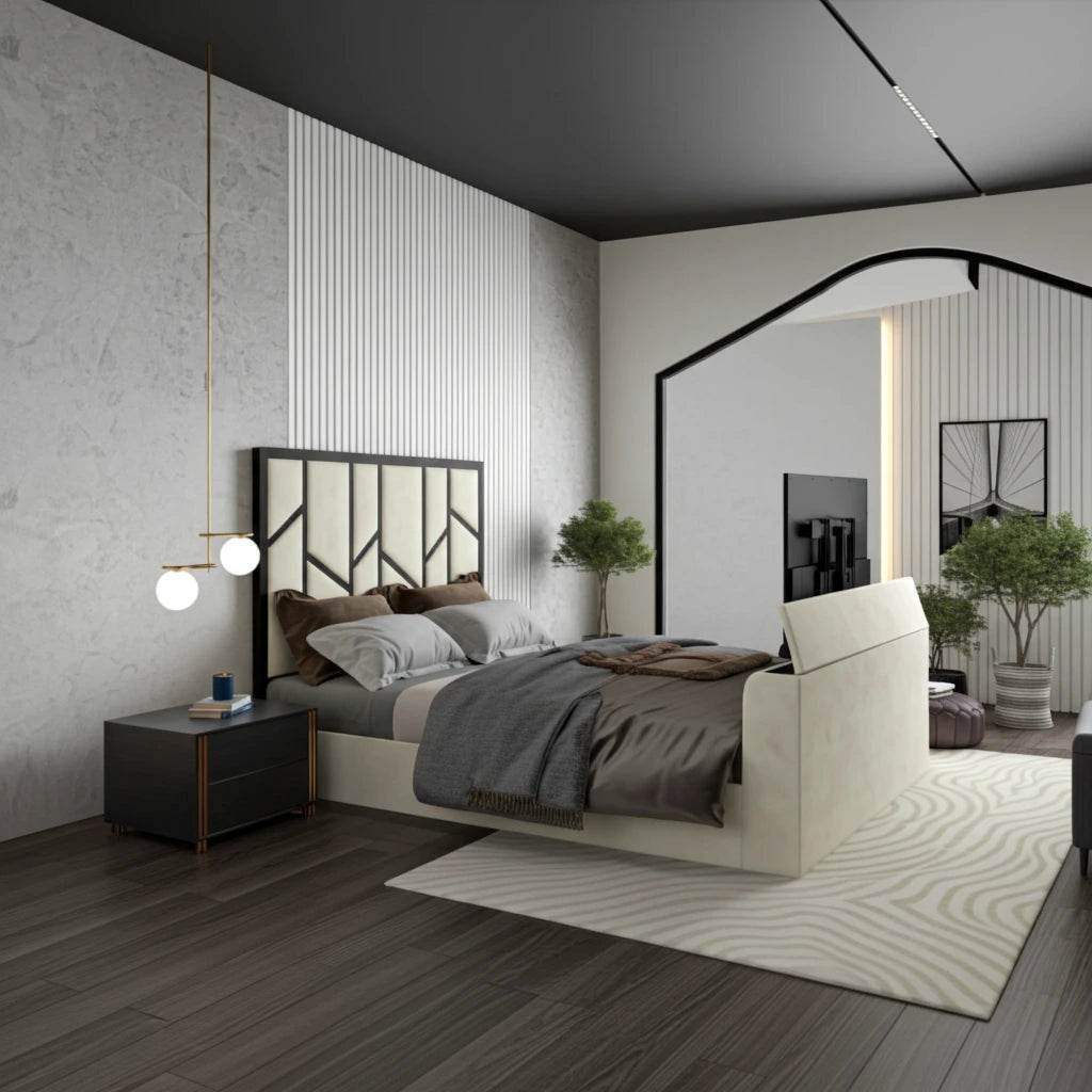 Elora Panel-Lined Upholstered TV Bed Frame - Modern Fabric Bed | UK Beds Direct