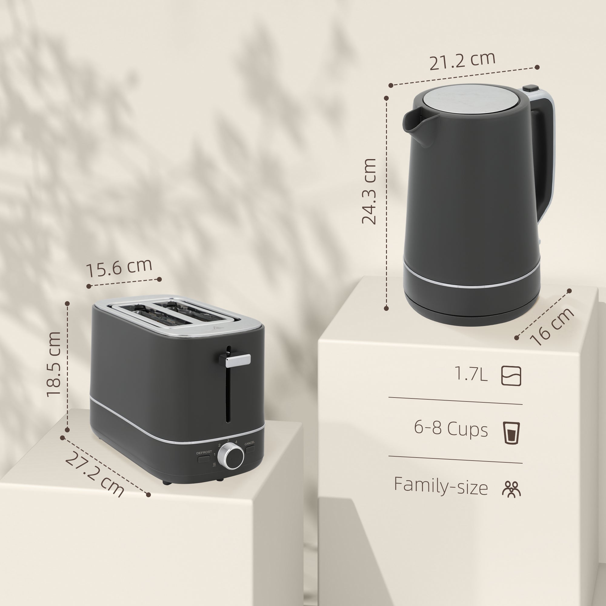 HOMCOM 1.7L 3000W Fast Boil Electric Kettle and 2 Slice Toaster Set, Grey