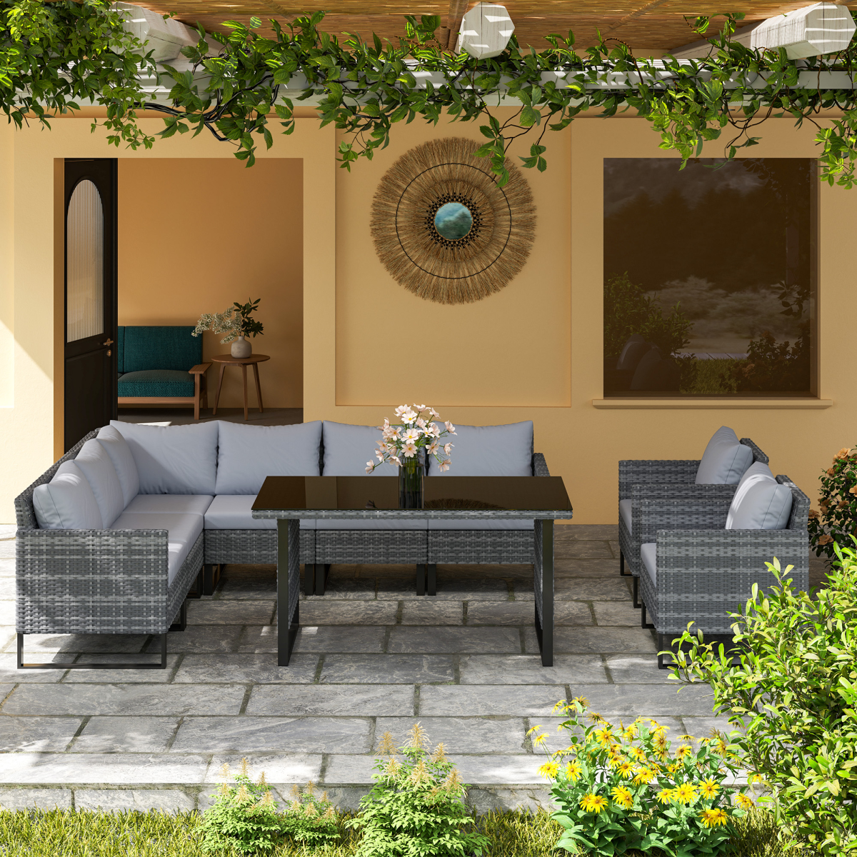Outsunny Sectional Outdoor Furniture with Glass Top Table, Light Grey