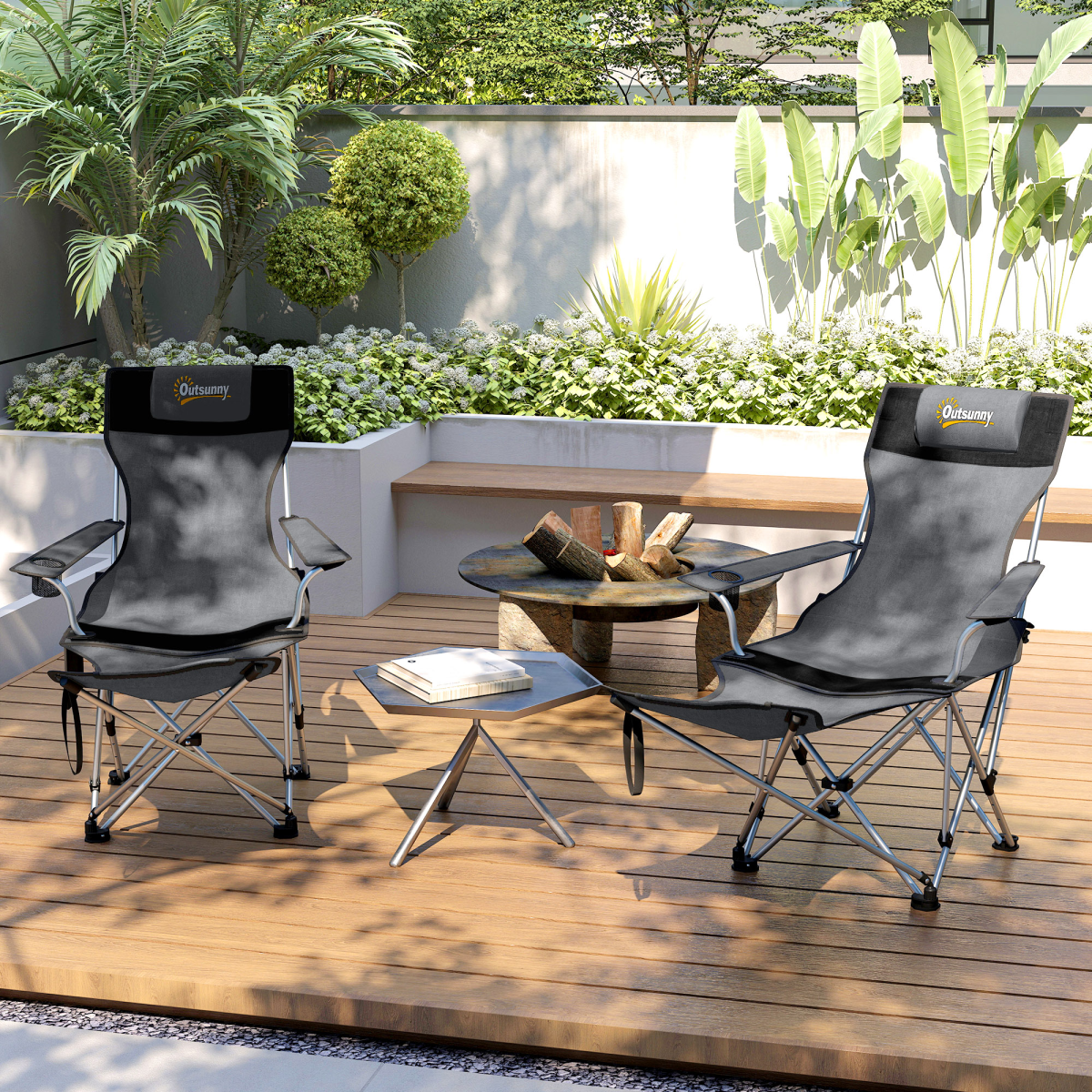 Outsunny Set of 2 Reclining Camping Chairs, Grey and Black