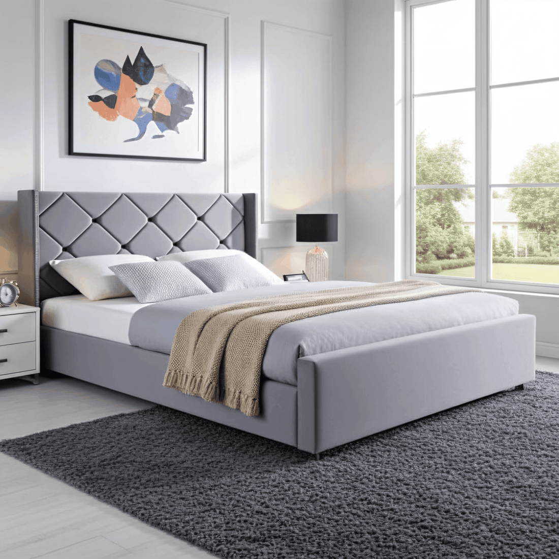 The Elvin Wingback Bed Frame – Studded Velvet Bed