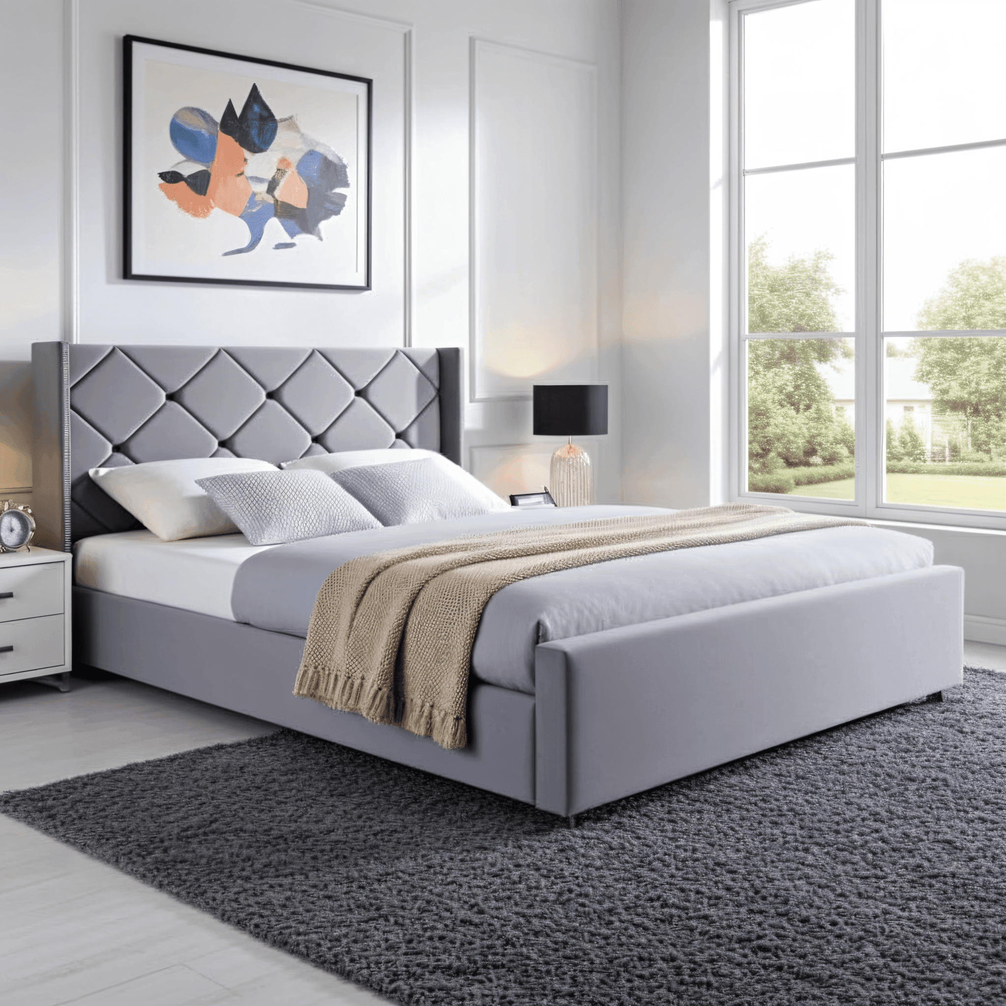 The Elvin Wingback Bed Frame – Studded Velvet Bed