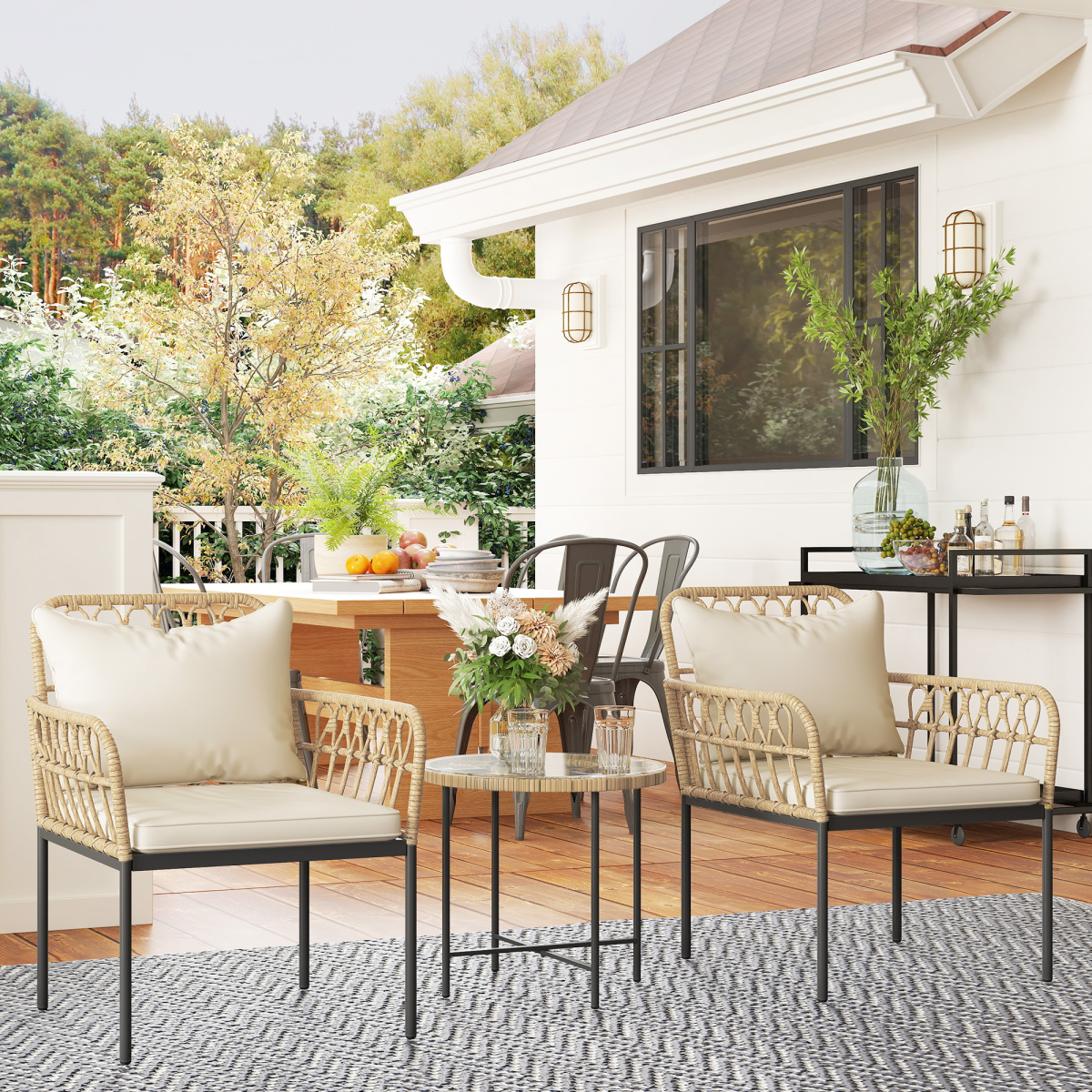 Outsunny 3 Piece Rattan Bistro Set, Balcony Table and Chairs with Cushions