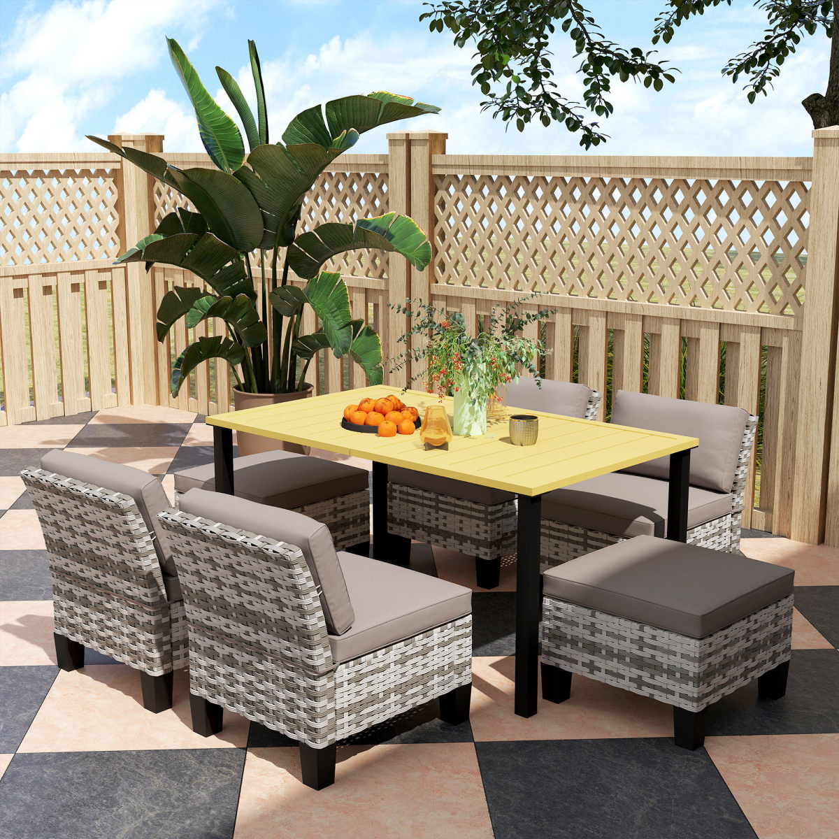 Outsunny 7 PCS Rattan Garden Dining Set with Cushions, Umbrella Hole, Grey