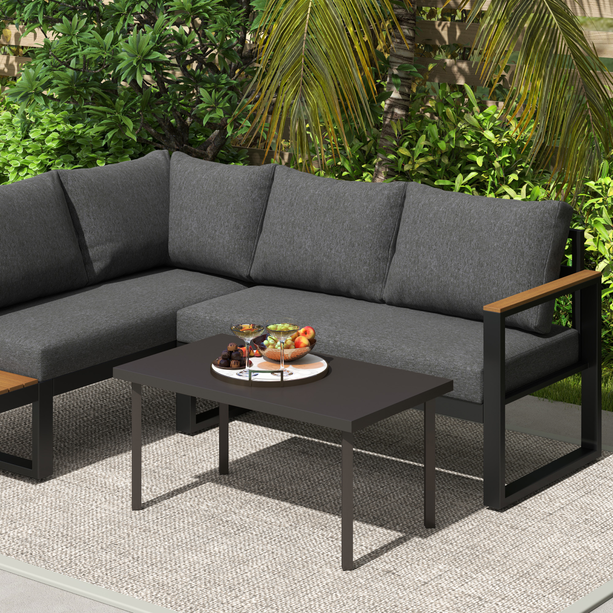 Outsunny Metal Garden Coffee Table with Woodgrain Tabletop, Brown