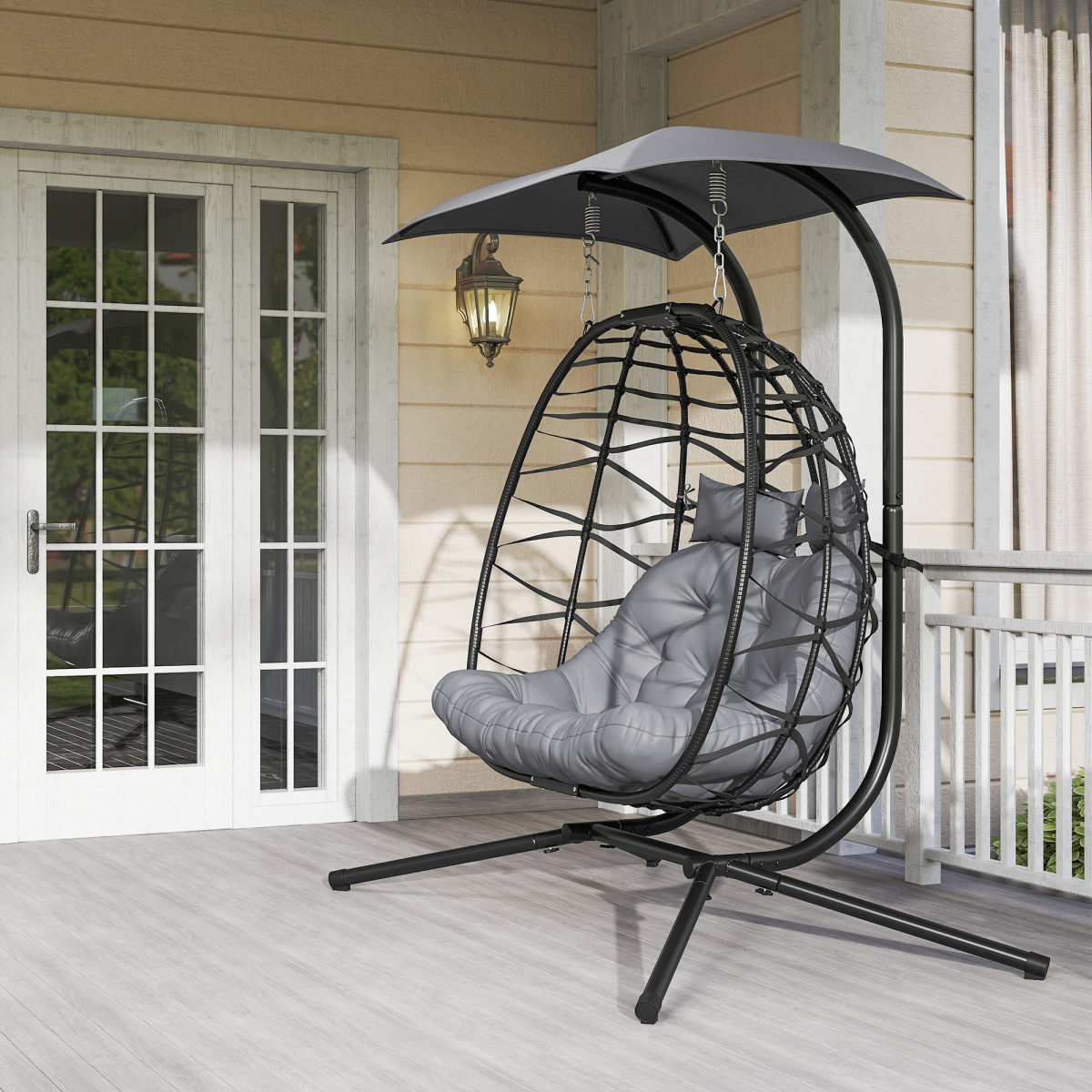 Outsunny Rattan Double Hanging Egg Chair with Canopy, Cushion, Black