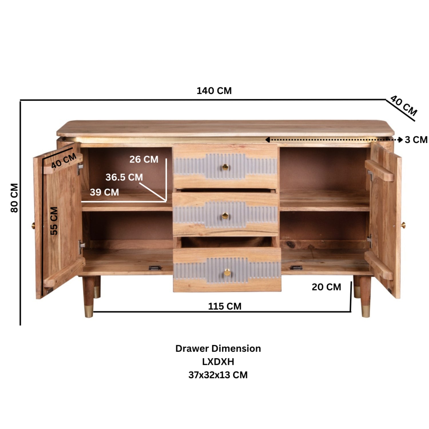 Berkley Acacia Wood 2 Doors 3 Drawers Sideboard