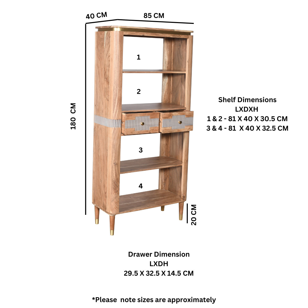 Berkley Acacia Wood 2 Drawers Open Bookcase