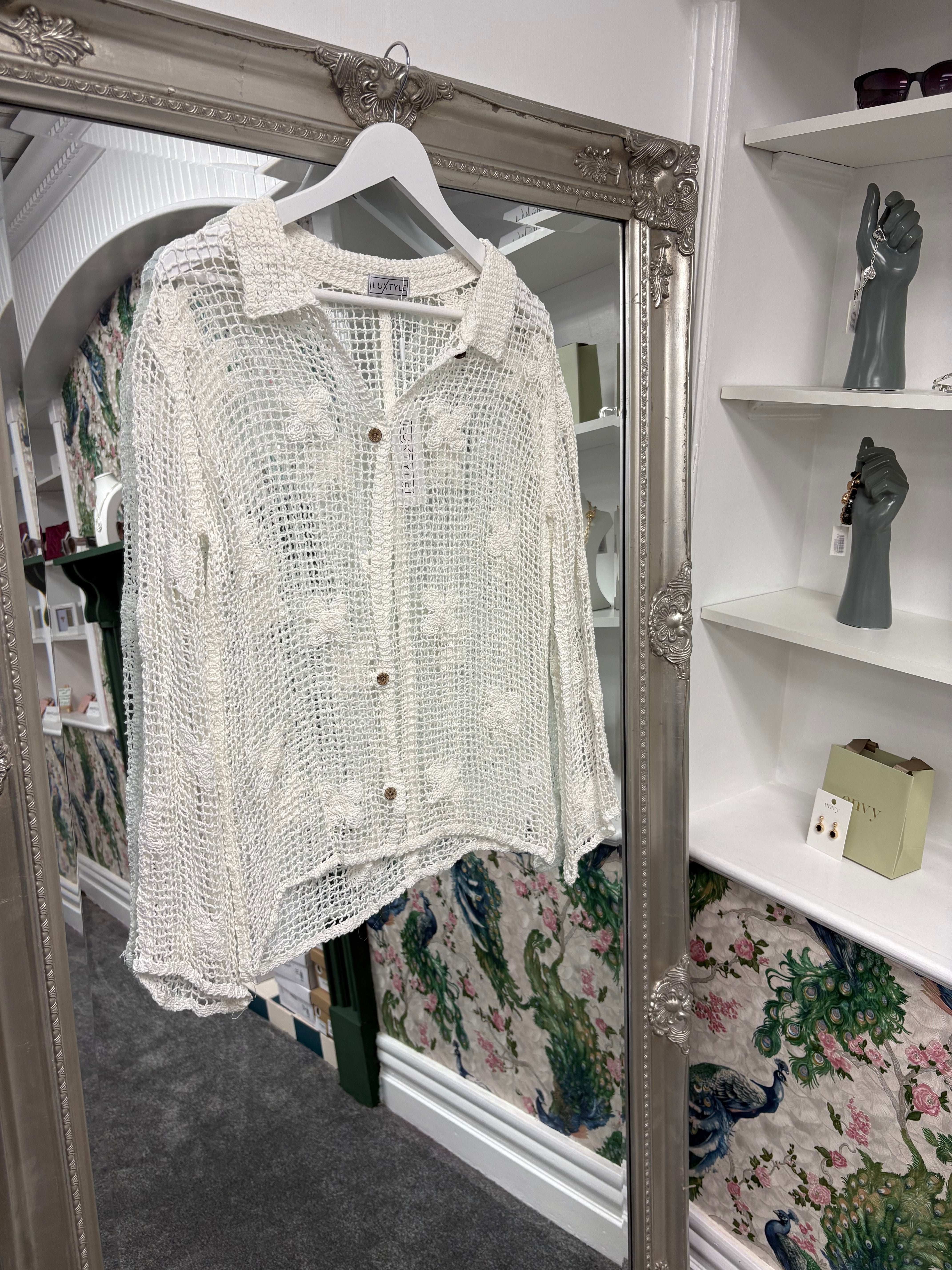 Luxtyle Square Crochet Shirt | Sheer Button Down Blouse | One Size Fits 8–16/18