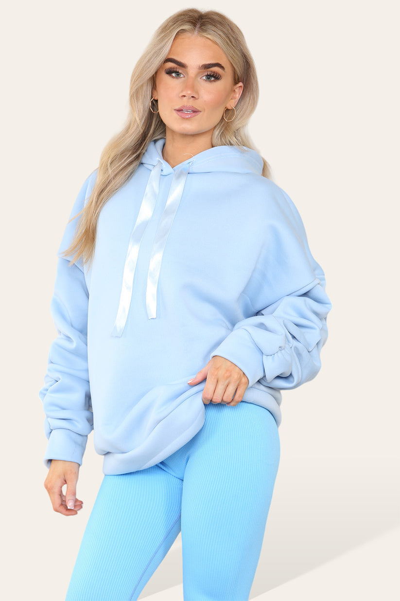 Plus Size Ruched Sleeves Hoodie With Satin Ribbon