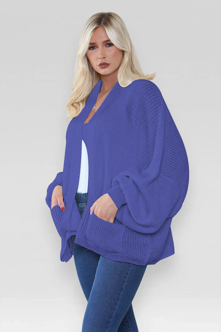Ladies Oversized Cropped Short Balloon Pocket Chunky Knitted Cardigan