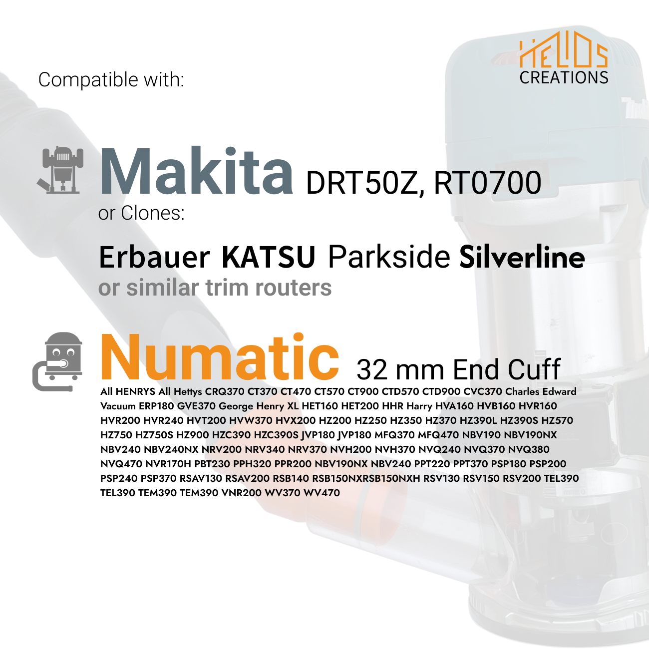 Dust Adapter for Makita RT0700 / DRT50Z and Clones to Numatic Henry Vacuum Cleaner – Angled Seal