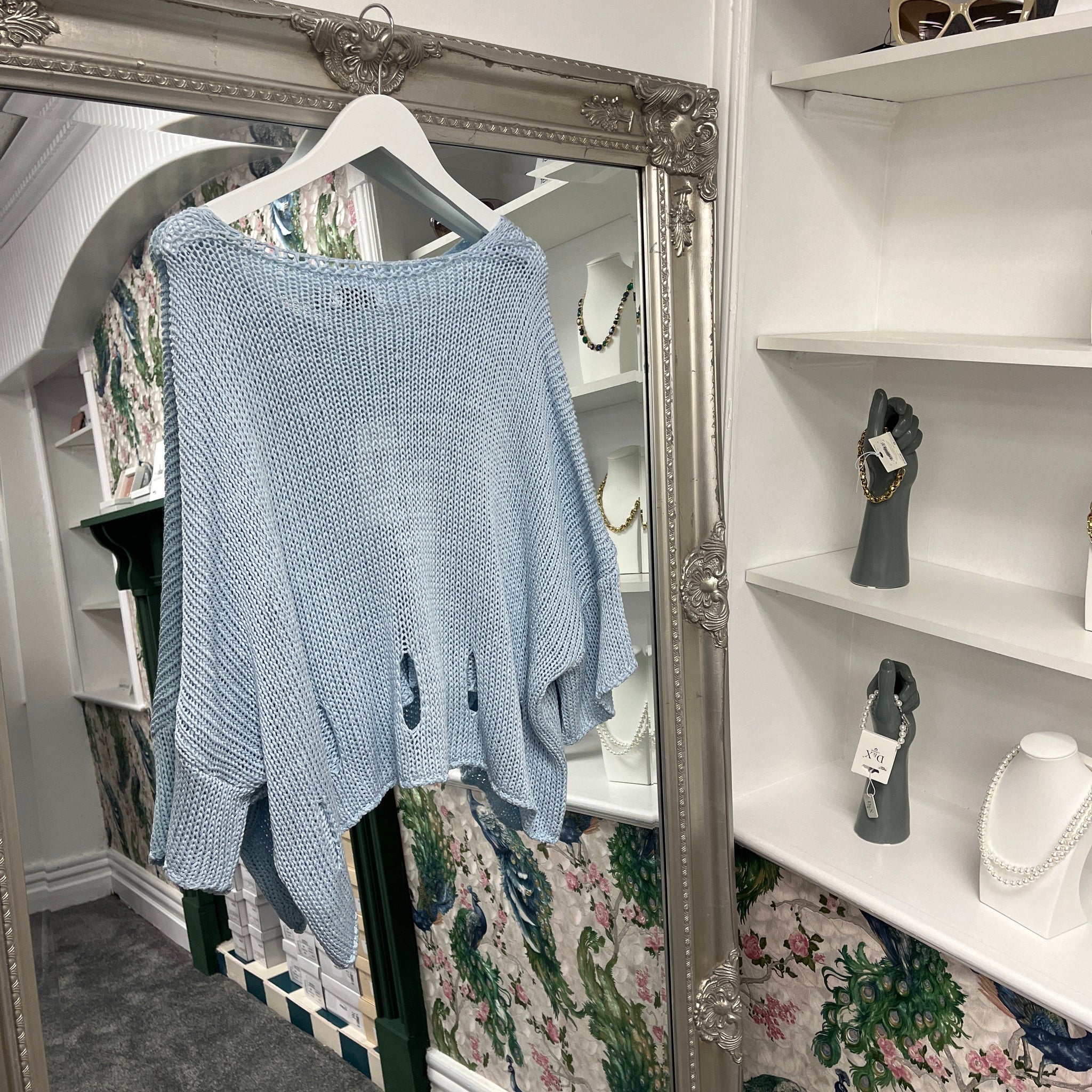 Sky Blue Crochet Knit Jumper – One Size Fits UK 8–14