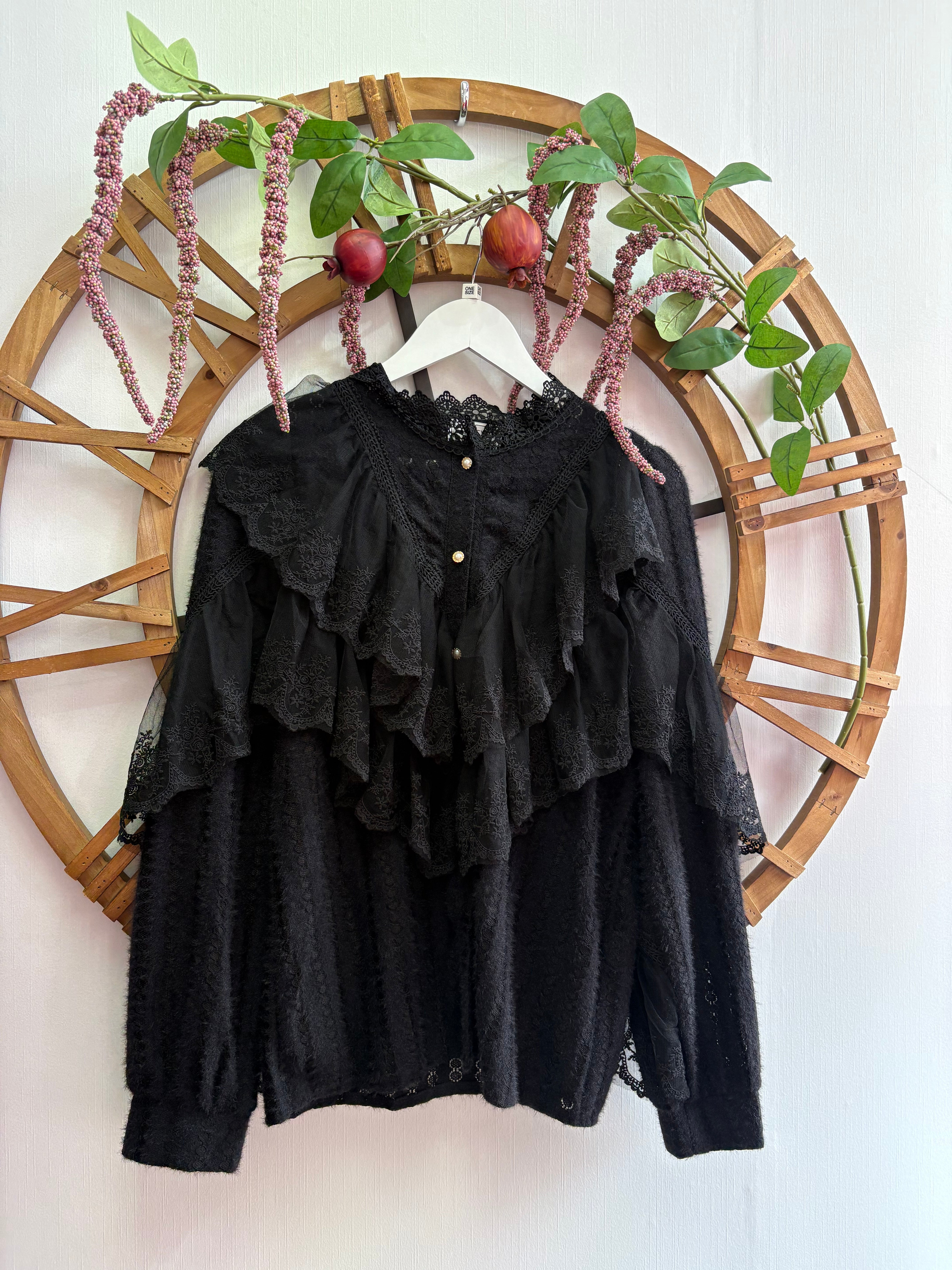 Black Frill Blouse | Elegant One Size Top UK 8–14