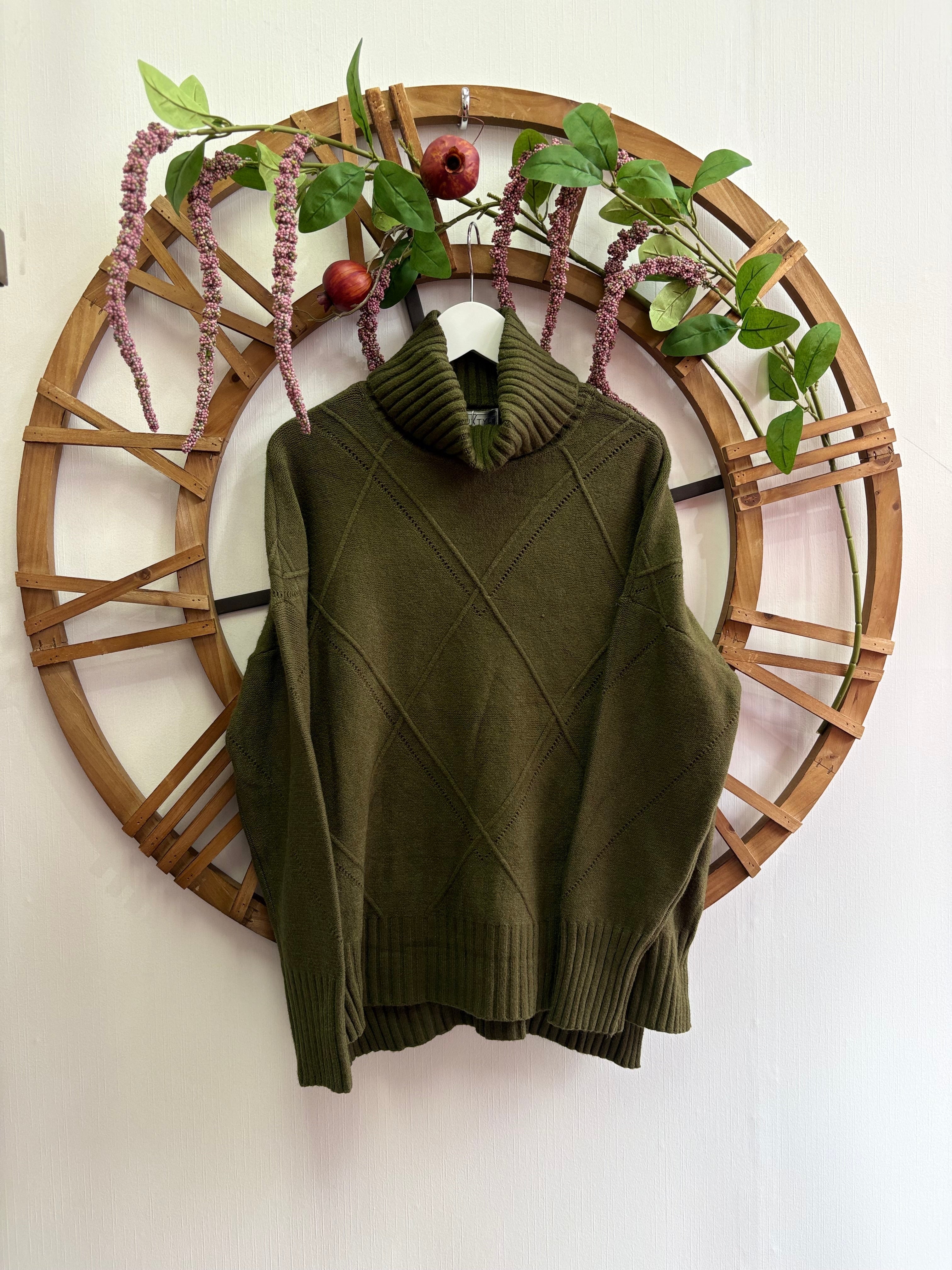 Luxtyle Roll Neck Diamond Knit Jumper – Khaki, Black or Berry (One Size up to 18)