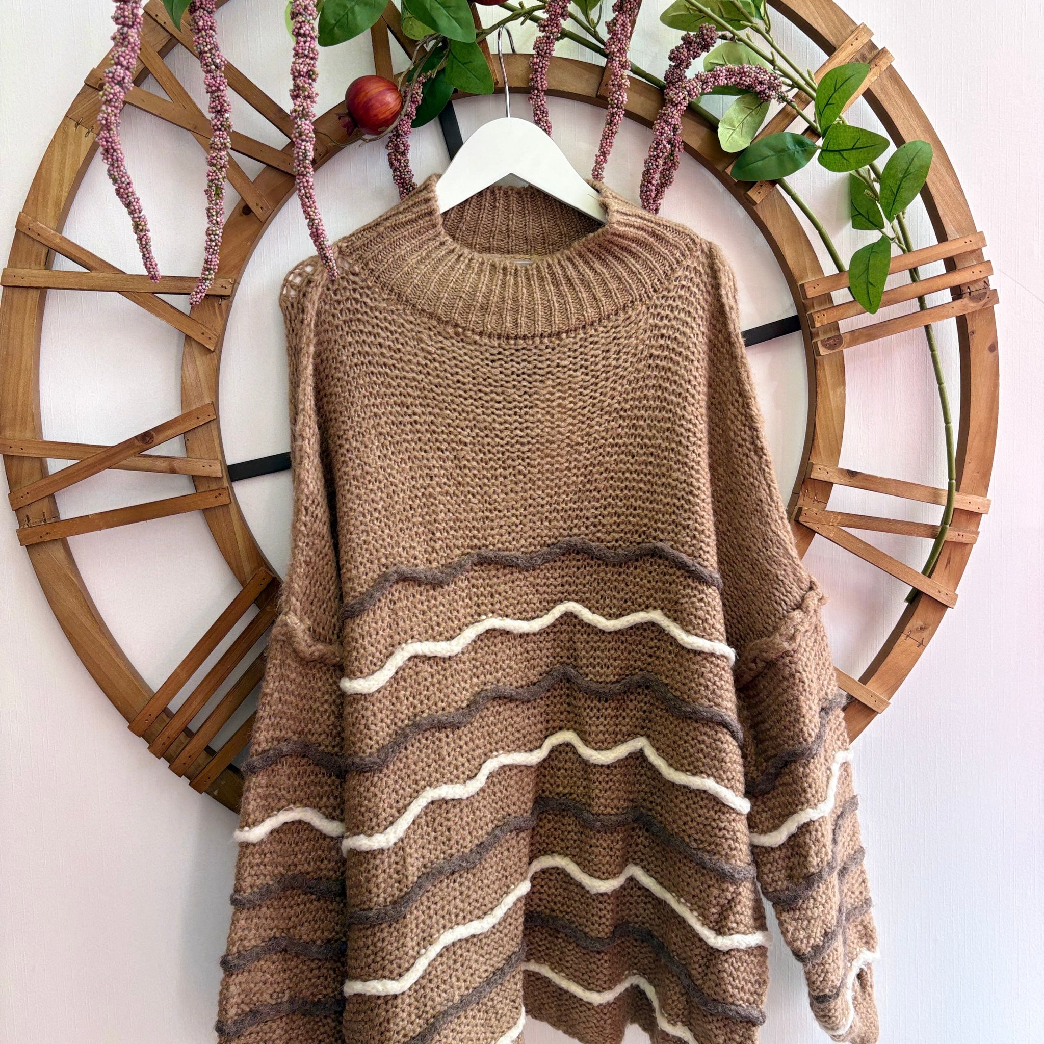 Luxtyle Chunky Stripe Knit Jumper – Ecru, Camel & Khaki – One Size (up to 18)