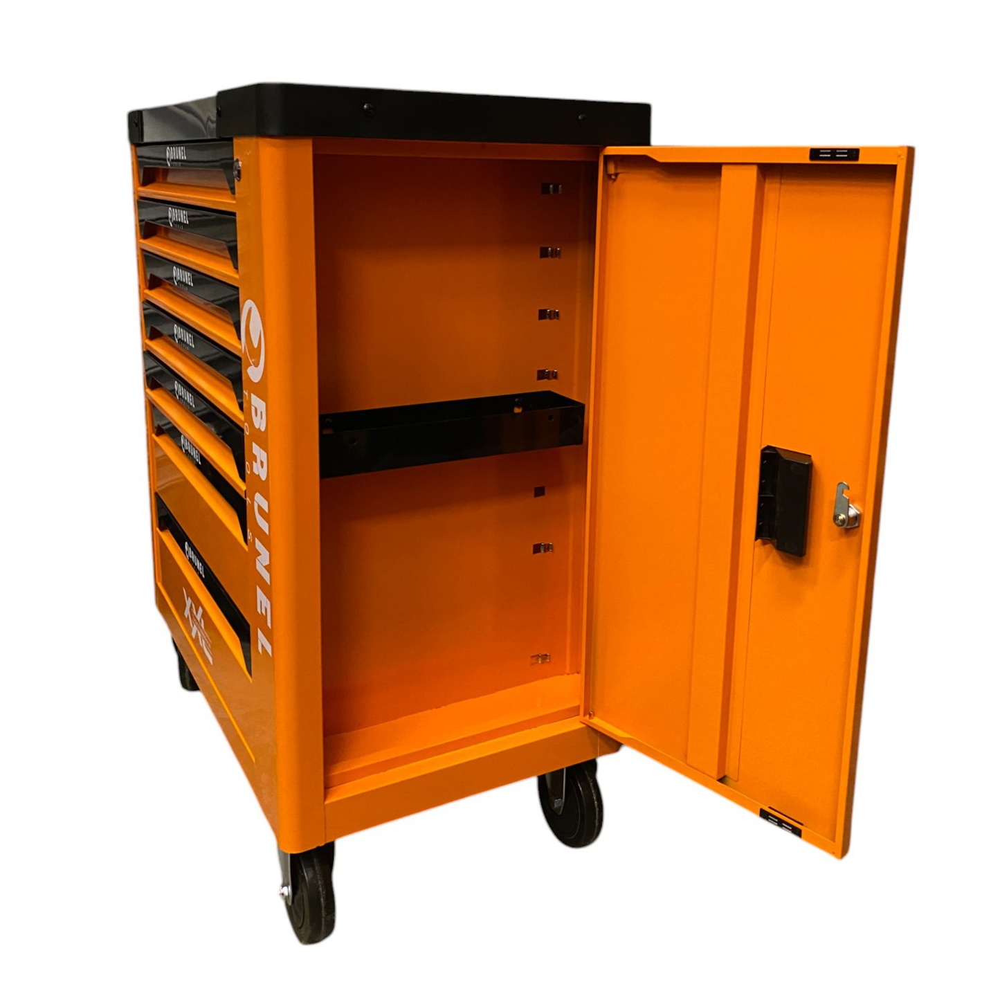 BRUNEL Tool 7 Drawer Caster Mounted Roller Tool Chest Cabinet with 6 Fully Stocked Drawers - 249 Pieces - Orange