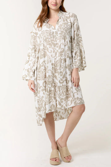 Beige Damask Floral Tiered Midi Dress – One Size Fits UK 8–16