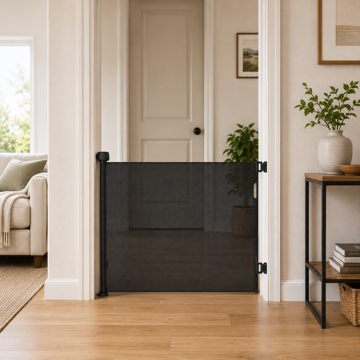 FYLO Premium Baby Fabric Safety Retractable Stair Gate - Black (Upto 120cm Width)