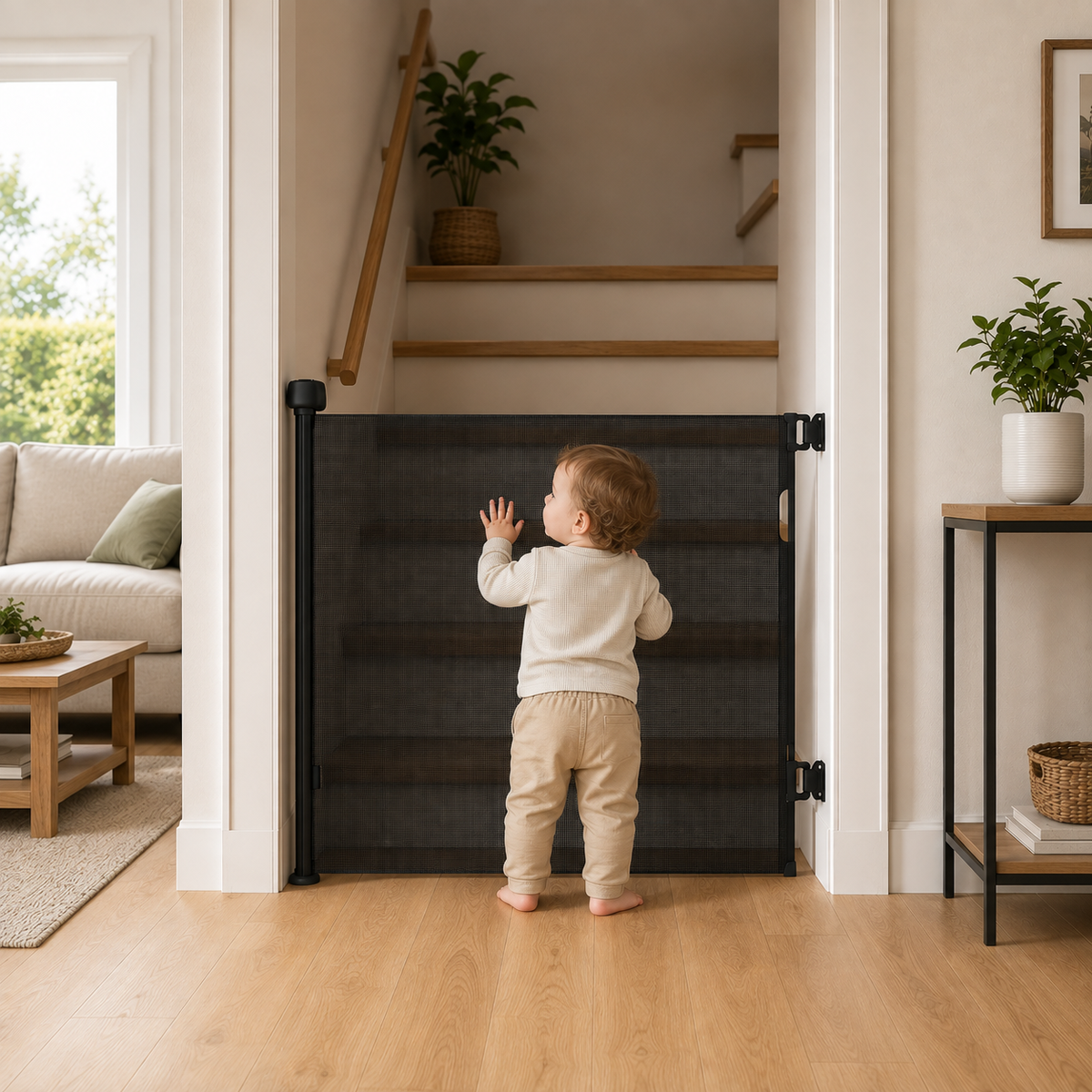 FYLO Premium Baby Fabric Safety Retractable Stair Gate - Black (Upto 120cm Width)