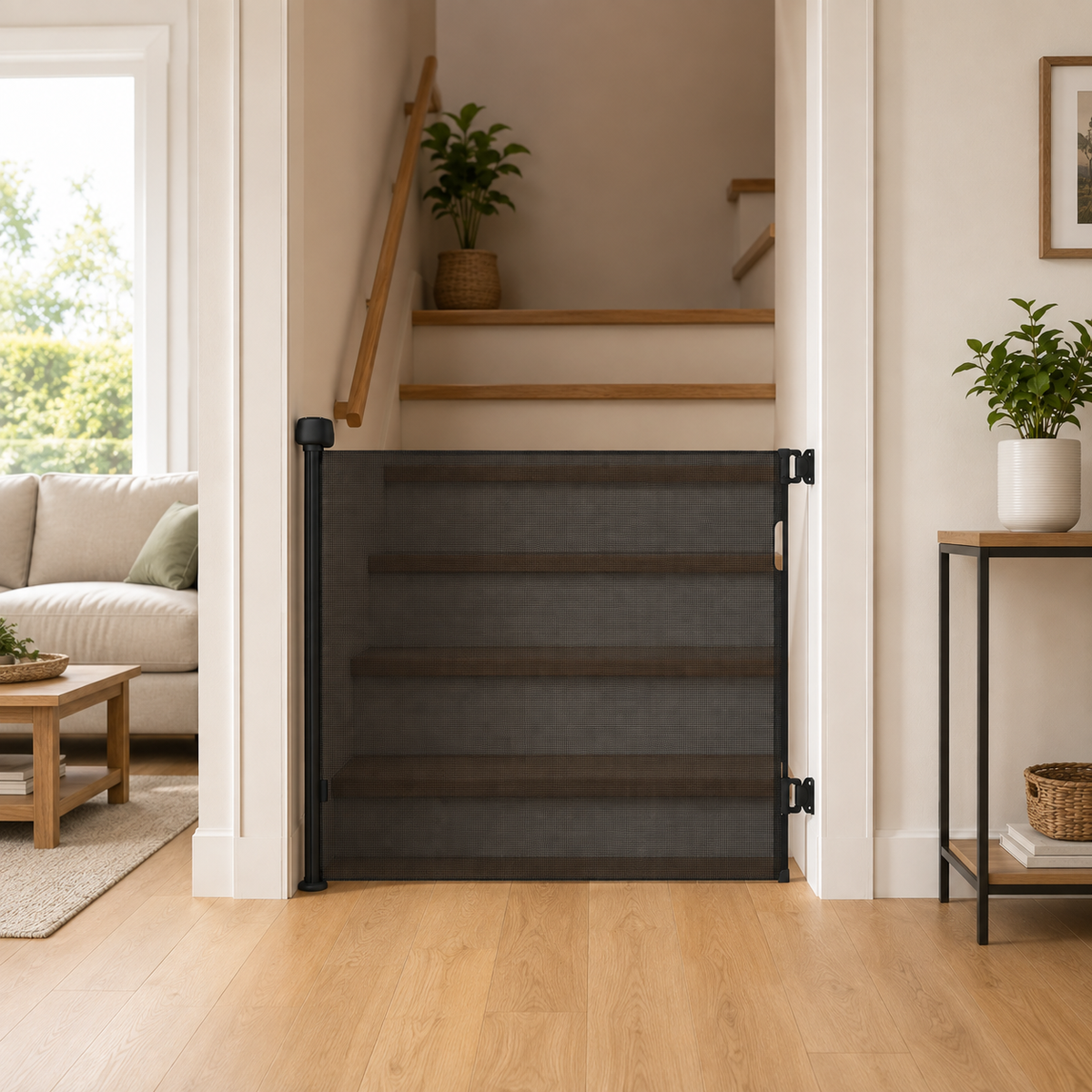 FYLO Premium Baby Fabric Safety Retractable Stair Gate - Black (Upto 120cm Width)