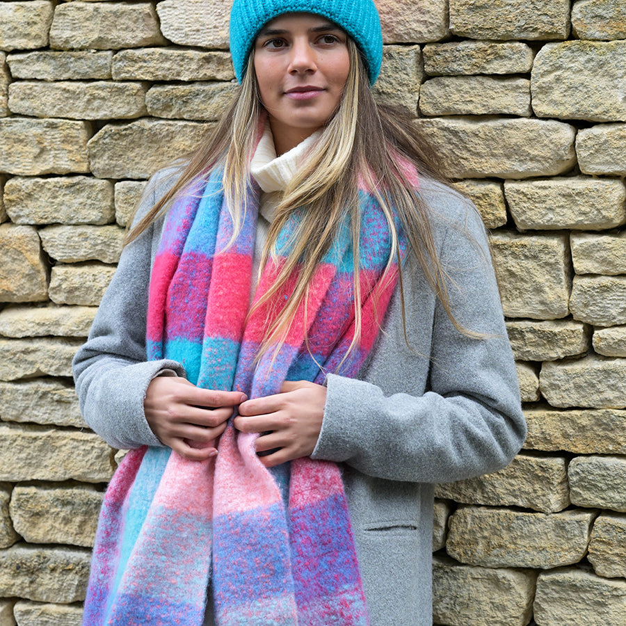Bright Pink and Blue Mix Recycled Blend Check Scarf