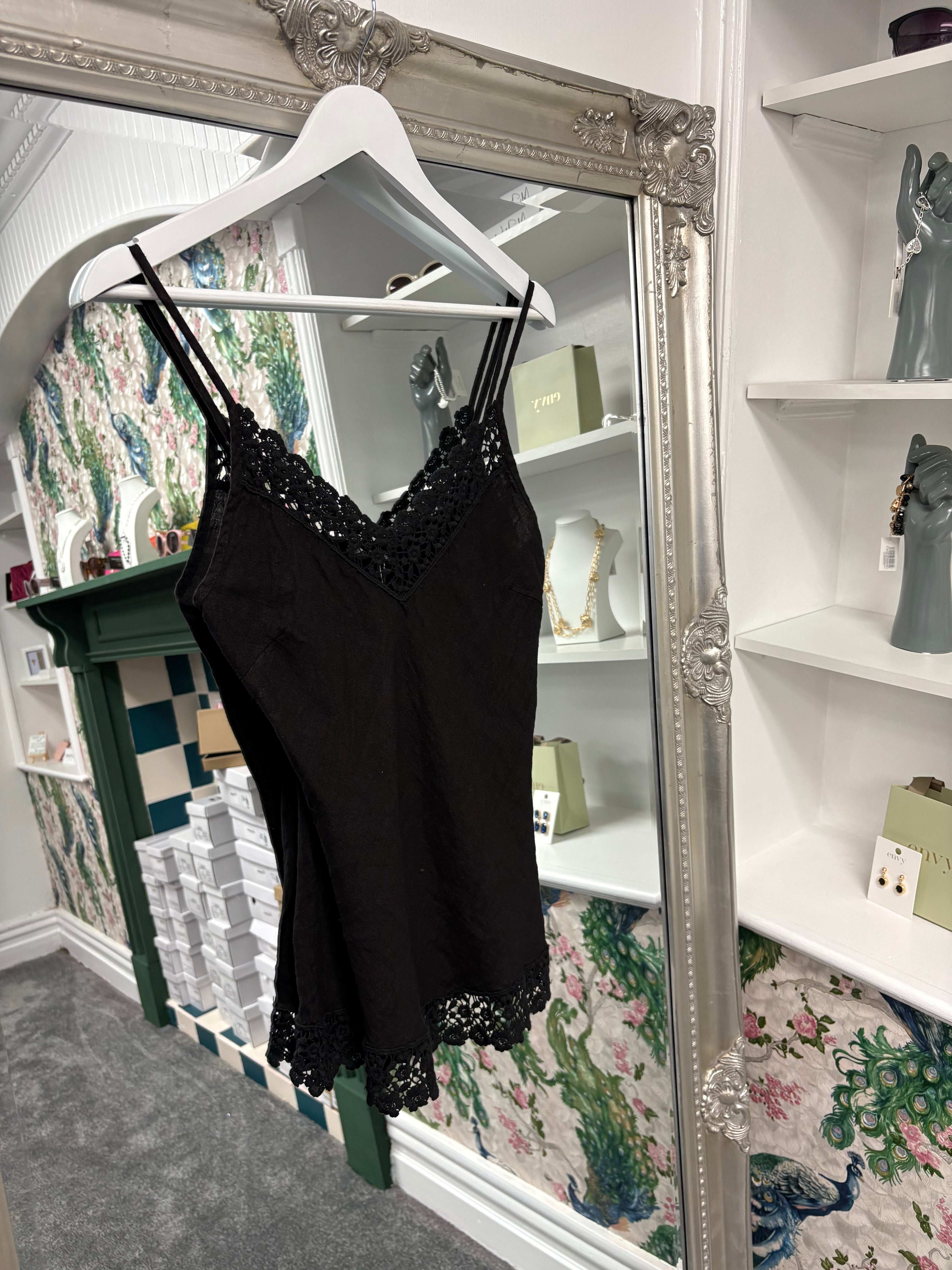 Luxtyle Linen Strappy Top with Flower Detail | Summer Cami | One Size Fits 8–14