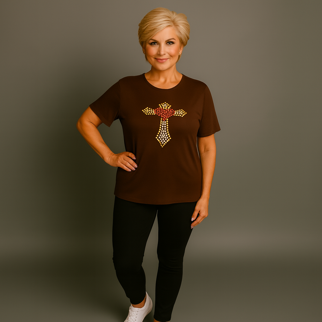 Soft Stretchy Short Sleeve Cross Studded Top