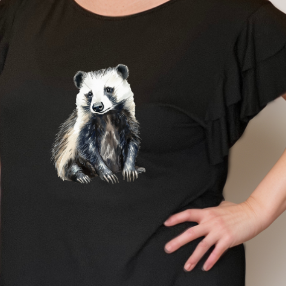 Plus‑Size Black Loose Fitting Top with Badger & Frilled Sleeves