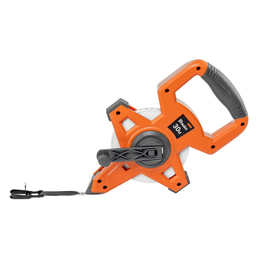 Fibreglass Coiled Tape Measure with Handle, 15mm Wide, Black/Orange (30m-100m)