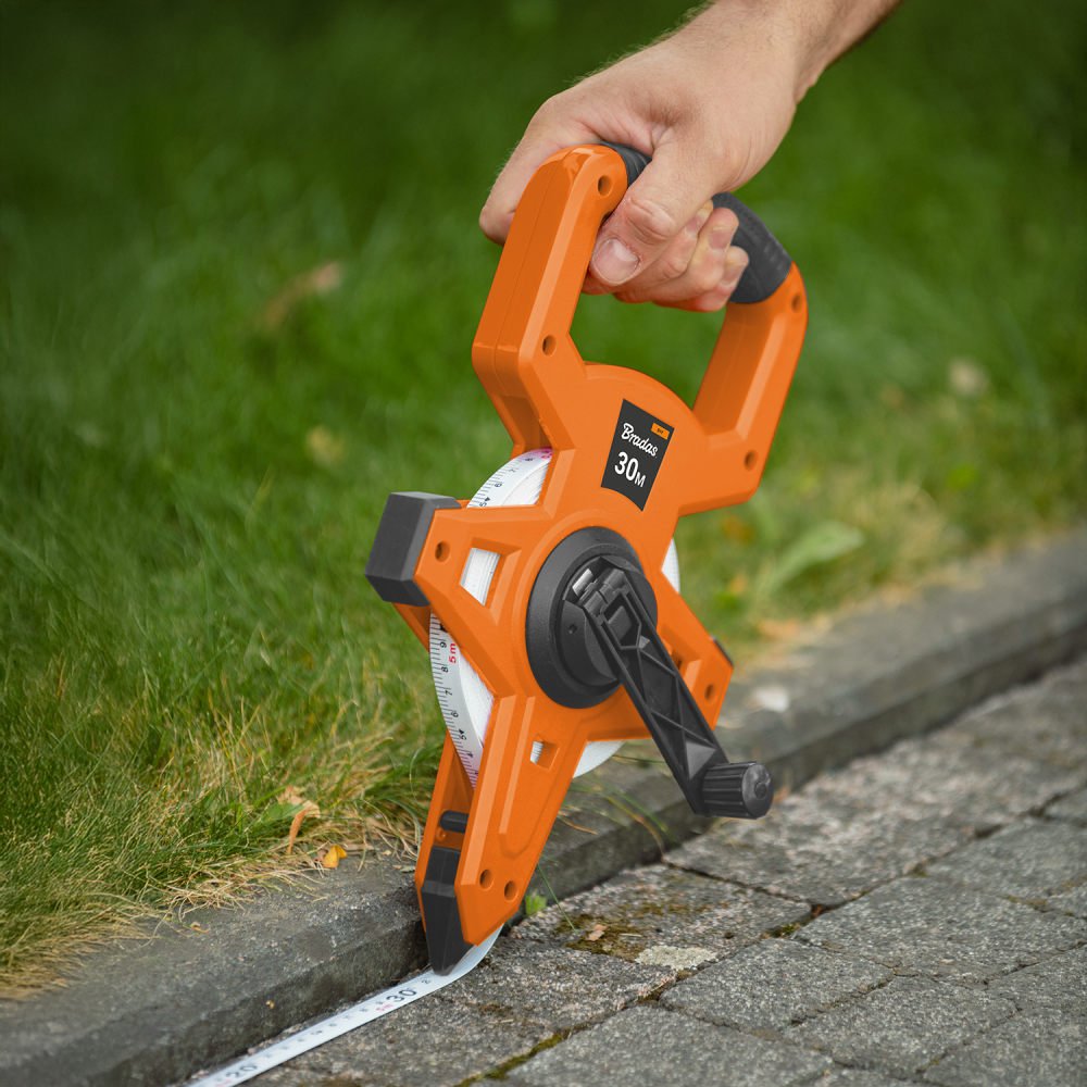 Fibreglass Coiled Tape Measure with Handle, 15mm Wide, Black/Orange (30m-100m)