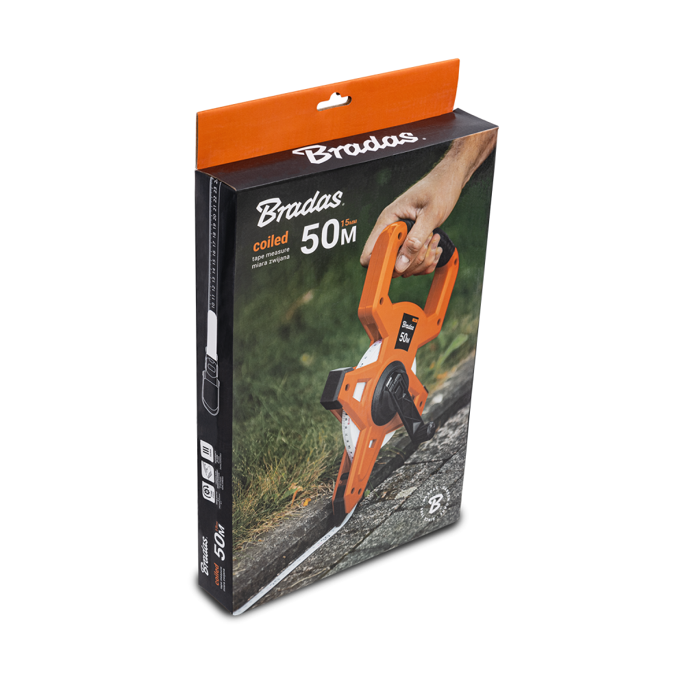 Fibreglass Coiled Tape Measure with Handle, 15mm Wide, Black/Orange (30m-100m)