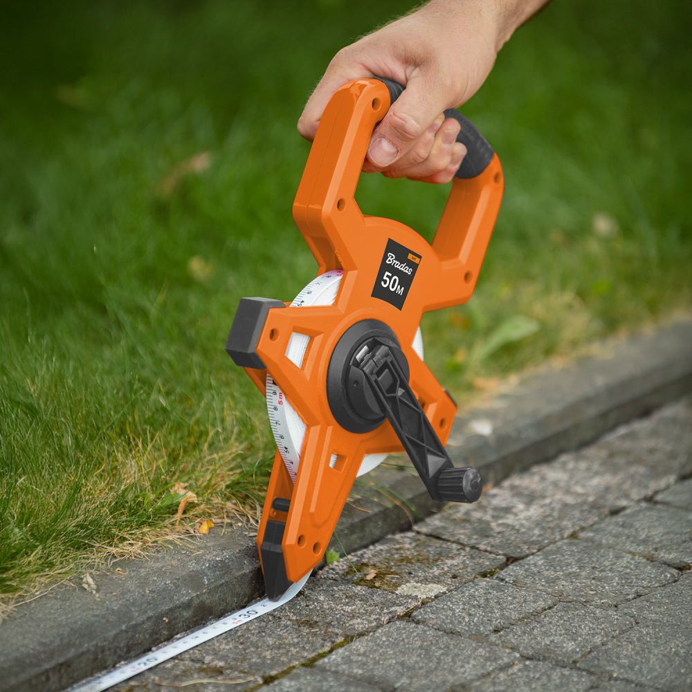 Fibreglass Coiled Tape Measure with Handle, 15mm Wide, Black/Orange (30m-100m)