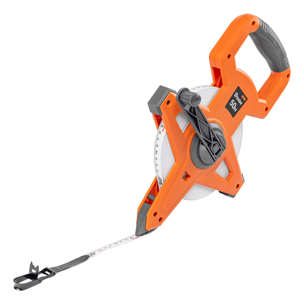 Fibreglass Coiled Tape Measure with Handle, 15mm Wide, Black/Orange (30m-100m)