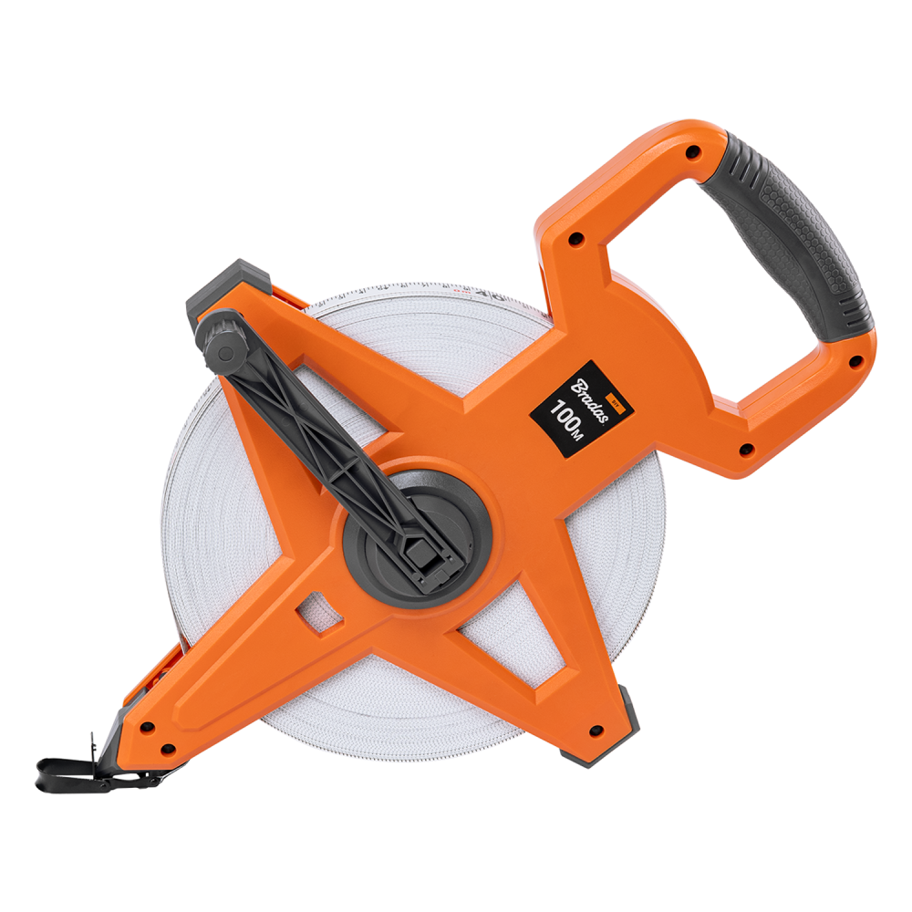 Fibreglass Coiled Tape Measure with Handle, 15mm Wide, Black/Orange (30m-100m)