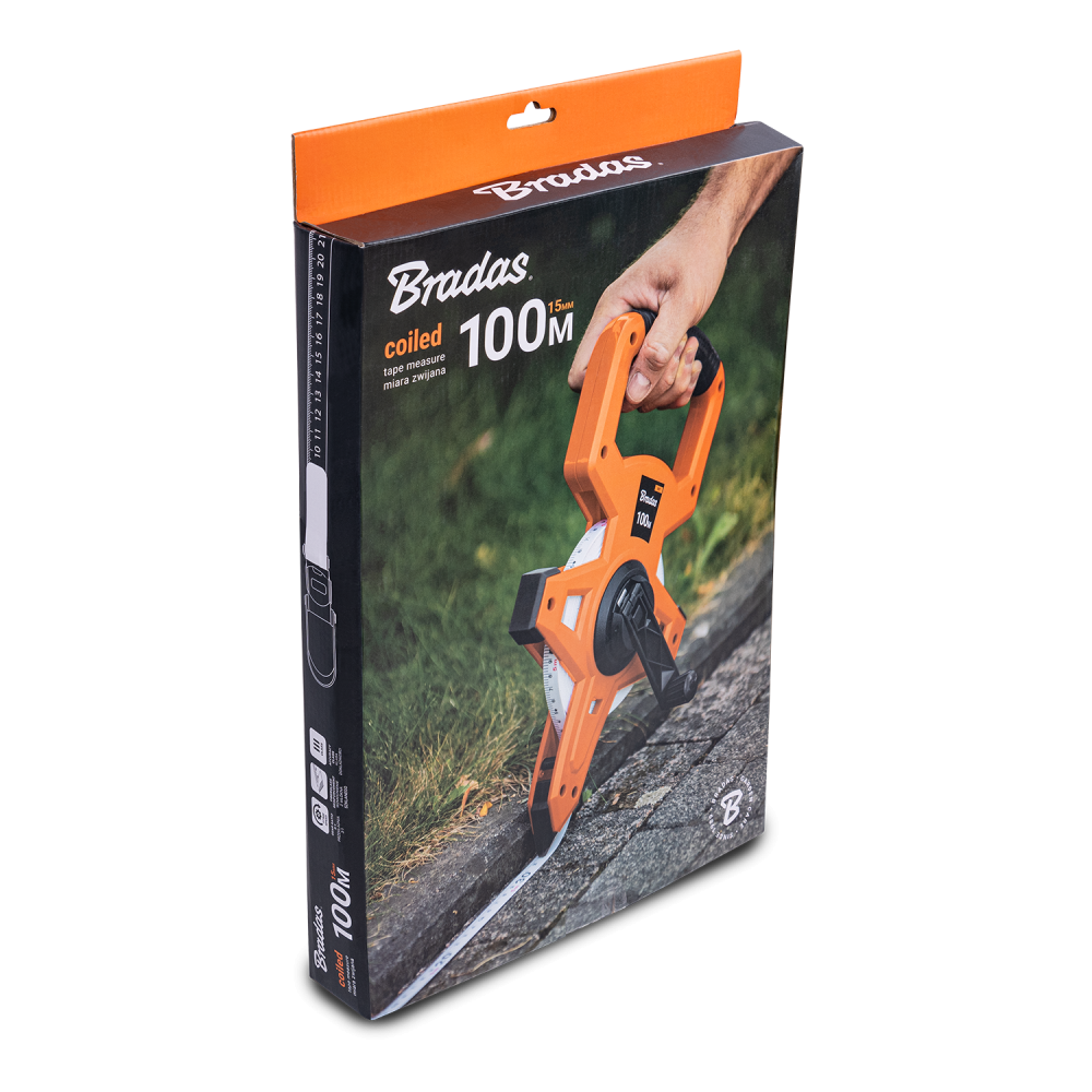 Fibreglass Coiled Tape Measure with Handle, 15mm Wide, Black/Orange (30m-100m)