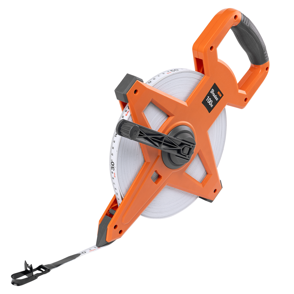 Fibreglass Coiled Tape Measure with Handle, 15mm Wide, Black/Orange (30m-100m)