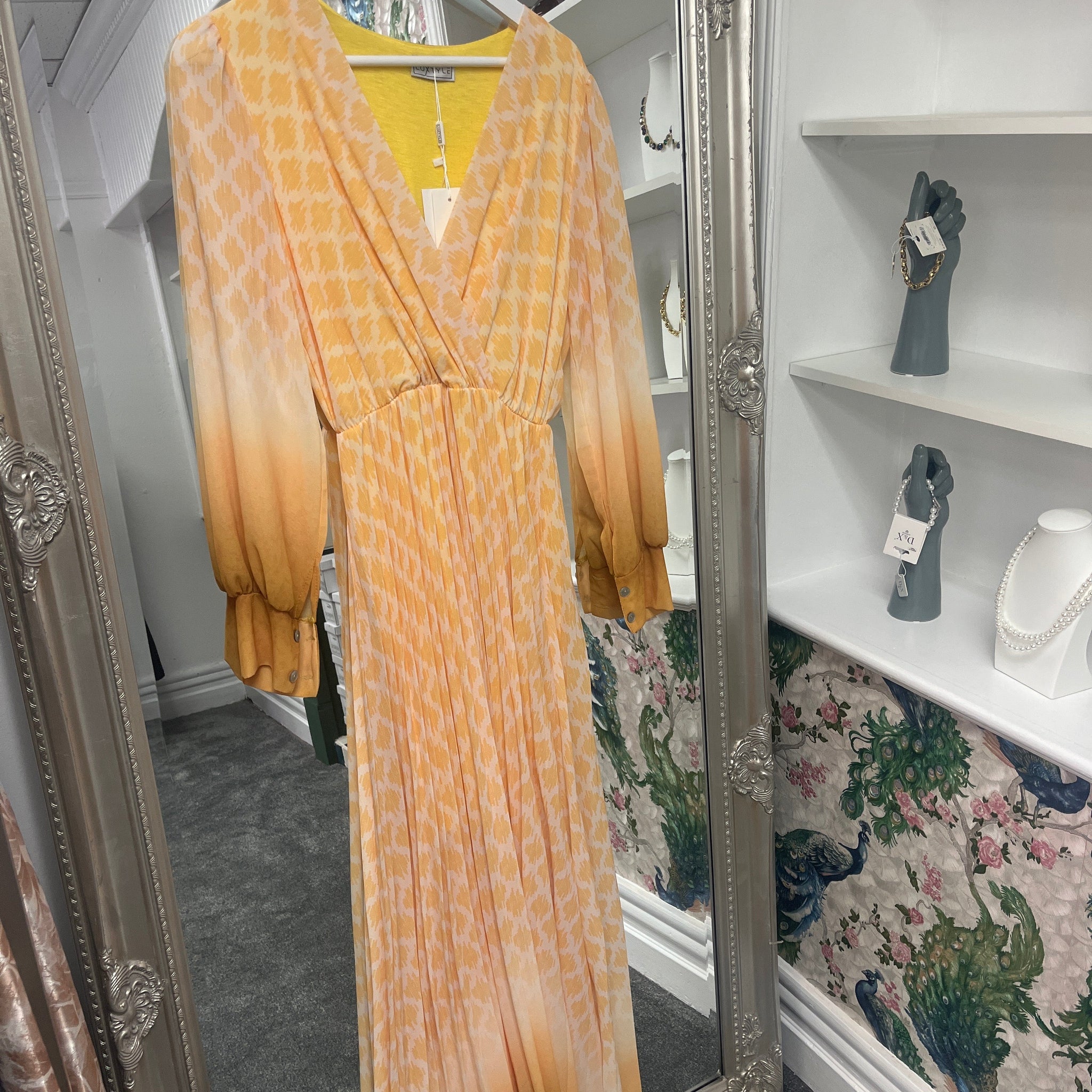 Yellow Pleated Longsleeve Dress | One Size 8-14
