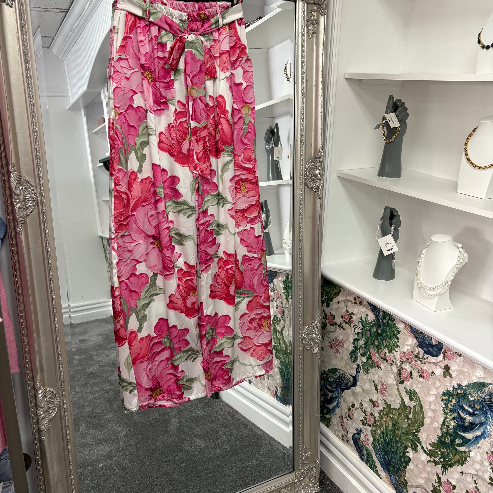 Pink and White Floral Wide Leg Trousers – One Size Fits UK 8–16 | Luxtyle