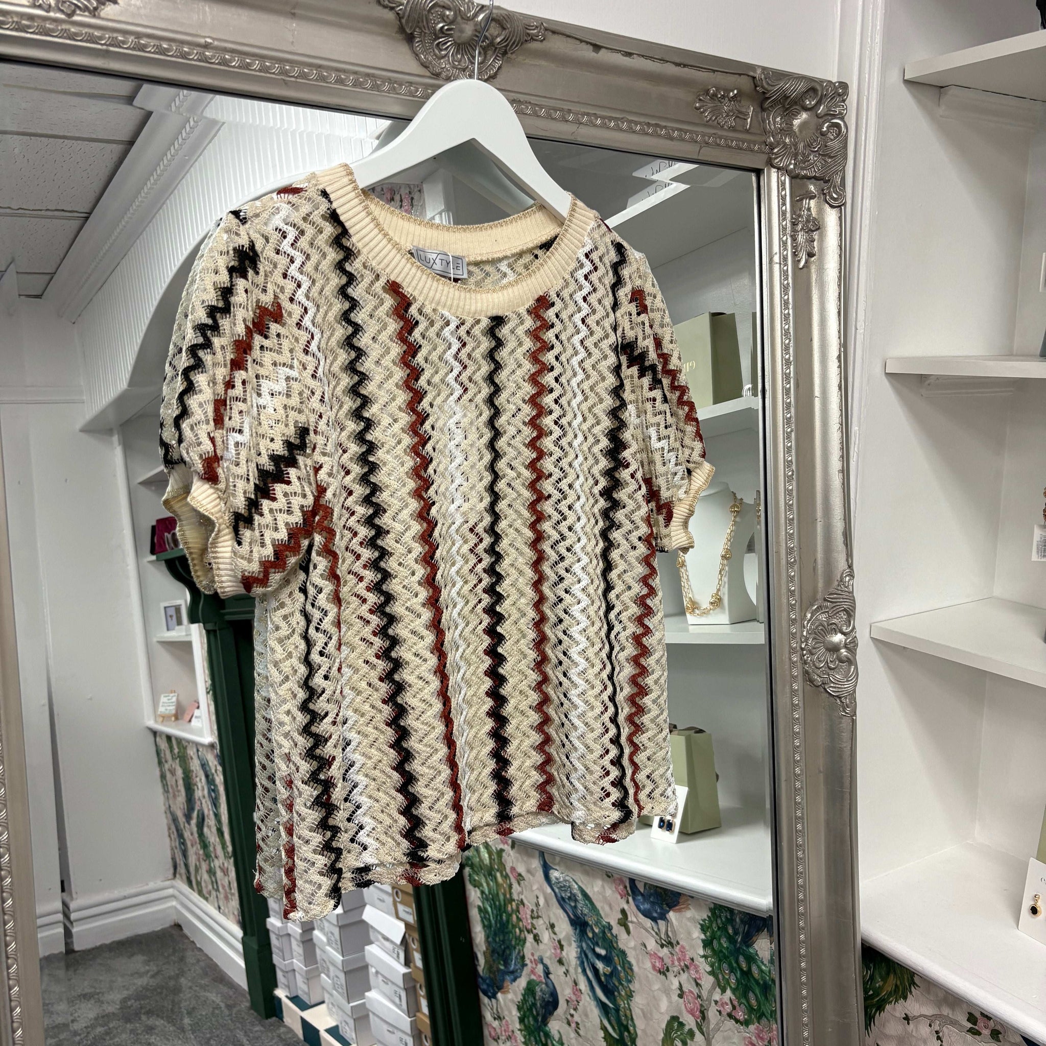 Luxtyle Zig Zag Knit Top | Striped Short Sleeve Blouse | One Size Fits 8–14