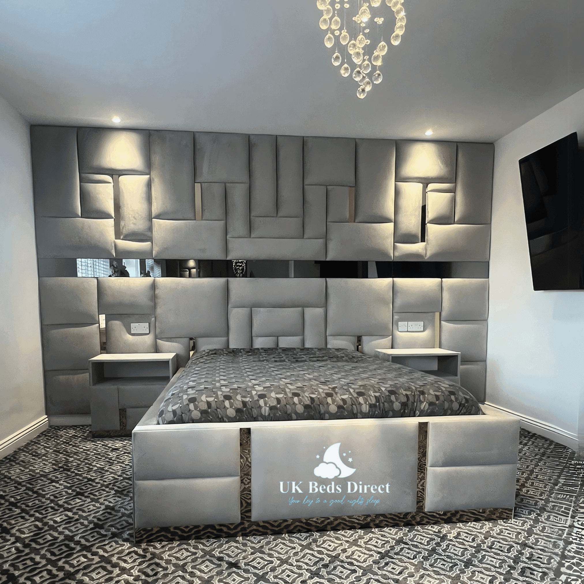 SilverLine Wall Panel Bed – Modern Upholstered Bed Frame with Sleek Silver Strip