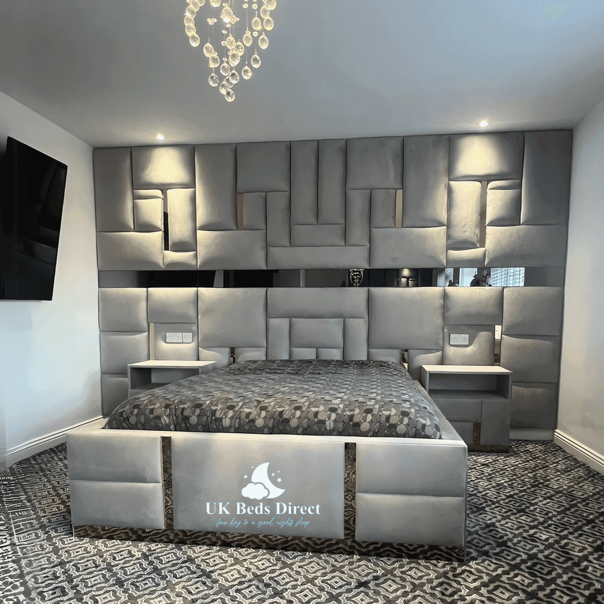 SilverLine Wall Panel Bed – Modern Upholstered Bed Frame with Sleek Silver Strip