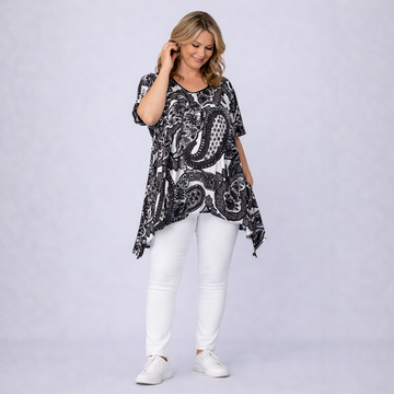 Navy White Paisley Hanky Hem Swing Top