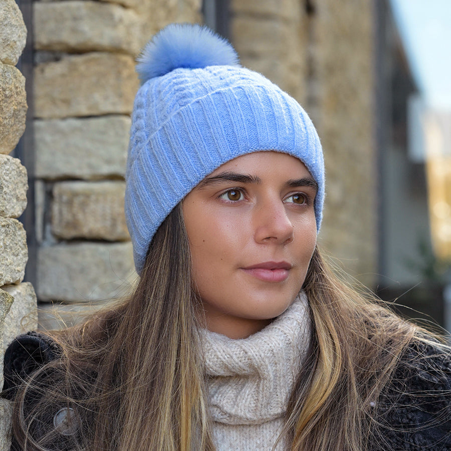 Recycled Yarn Herringone Cable Knit Hat with Faux Fur Pompom