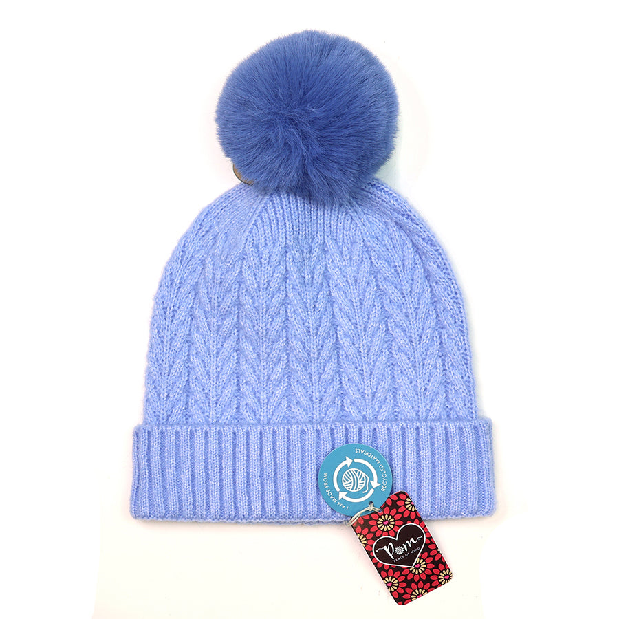 Recycled Yarn Herringone Cable Knit Hat with Faux Fur Pompom