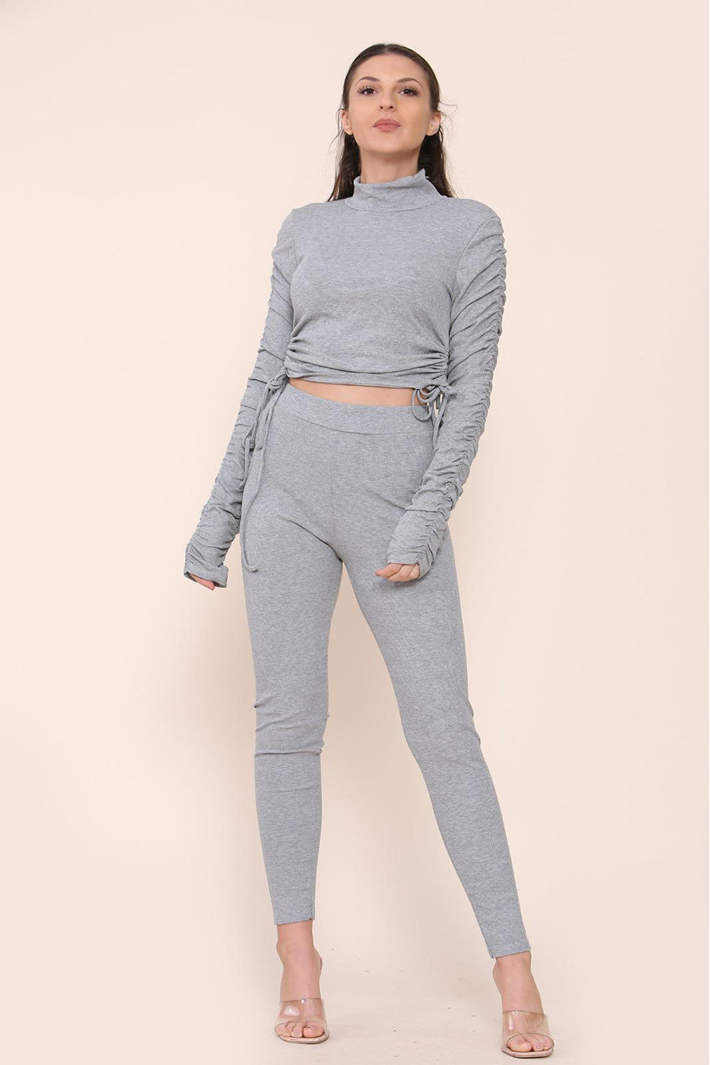 High Neck Ruched Side Arm Solid Drawstrings Ribbed Tee and Leggings set