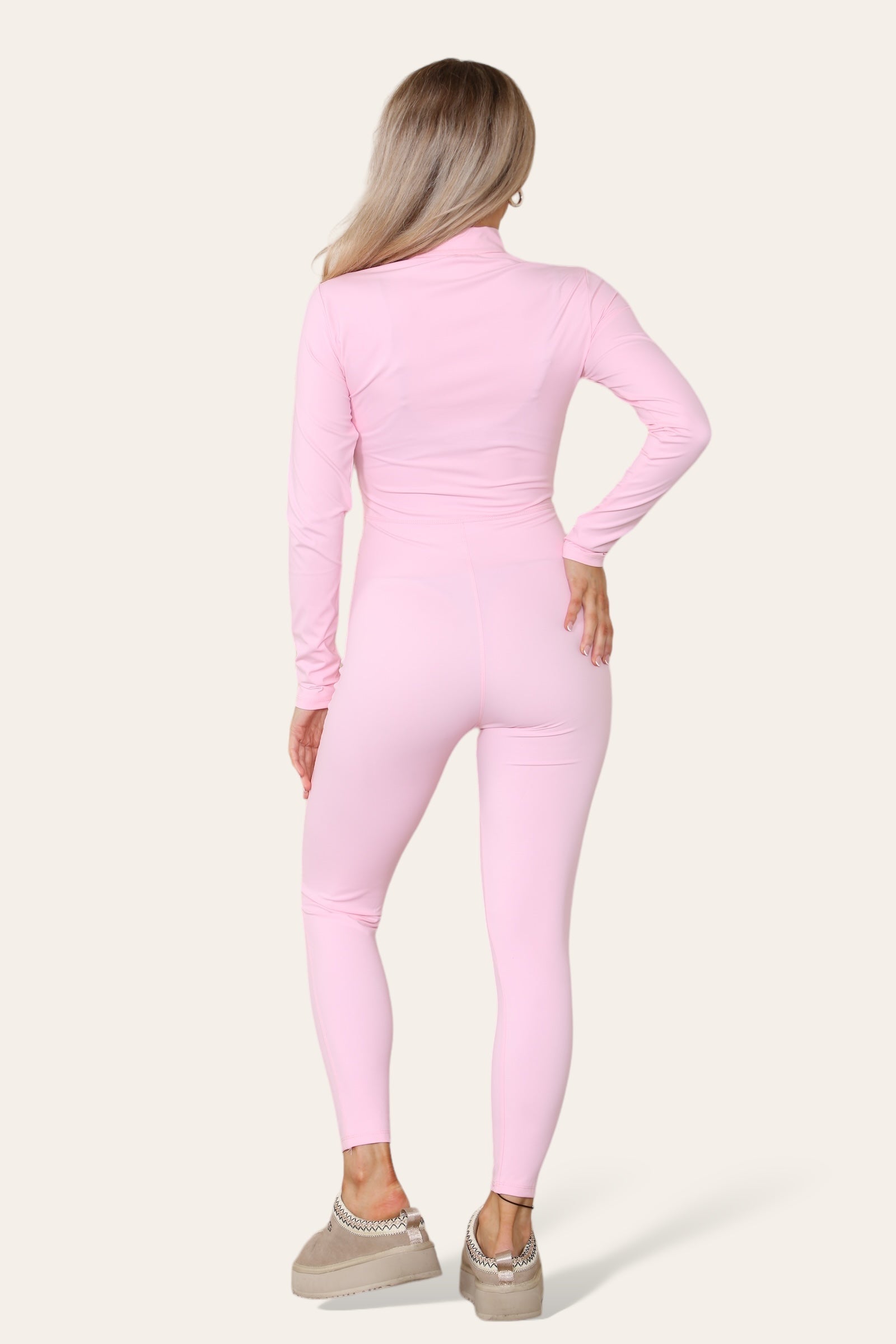 Ribbed High Neck Zipper Collar Jumpsuit Front Unitard Set