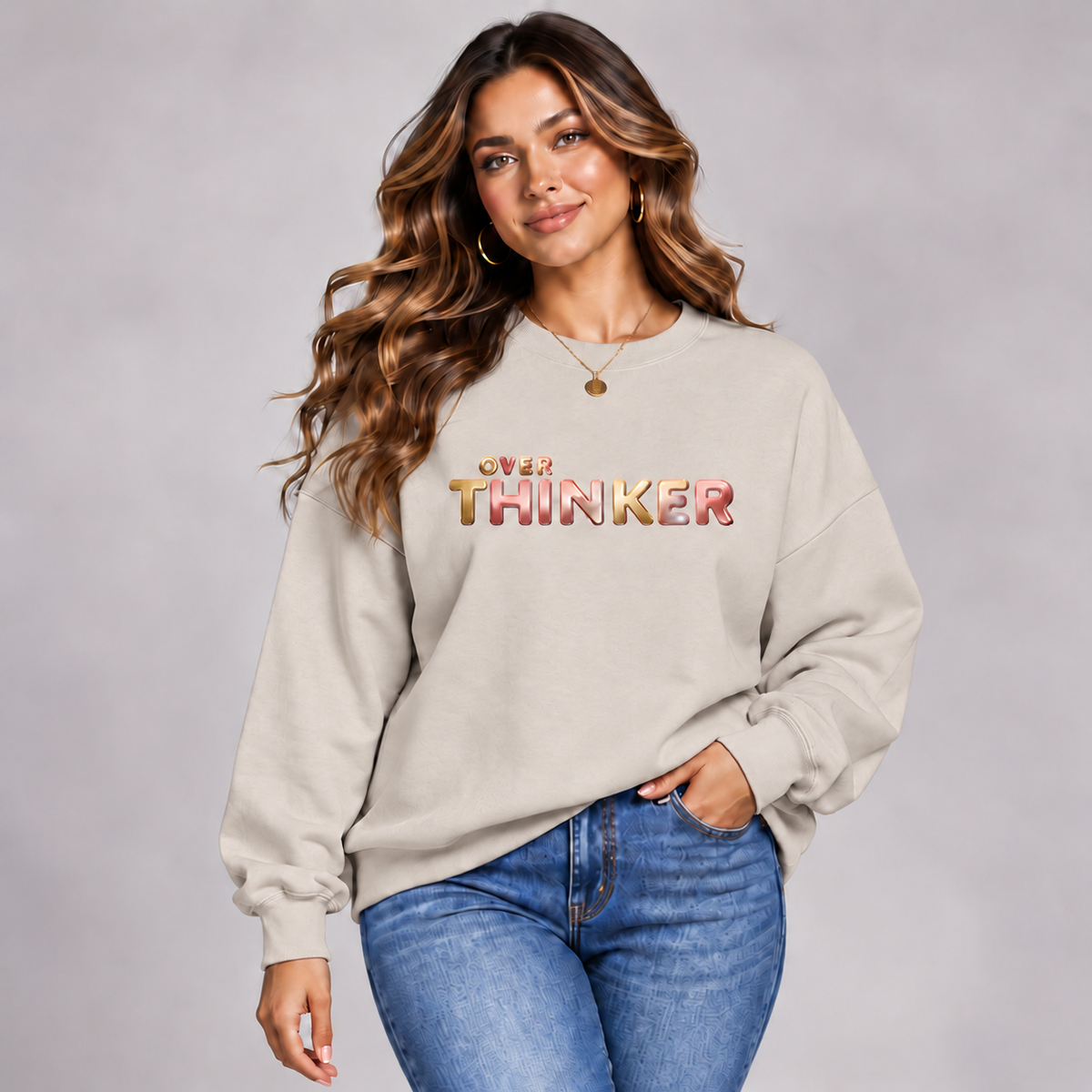 Long Cotton Sweatshirt with “Over Thinker” Logo