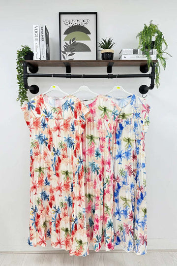 Leaf Print Pleated Maxi Dress – One Size Fits 8-16